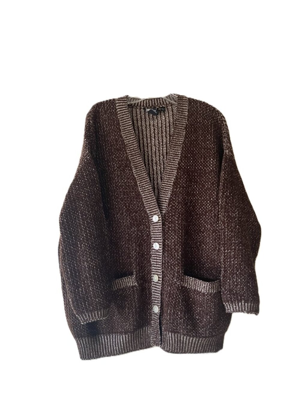 Vintage DKNY 100% Pure Wool Chunky Knit Cardigan Sweater Brown White S / Fits L